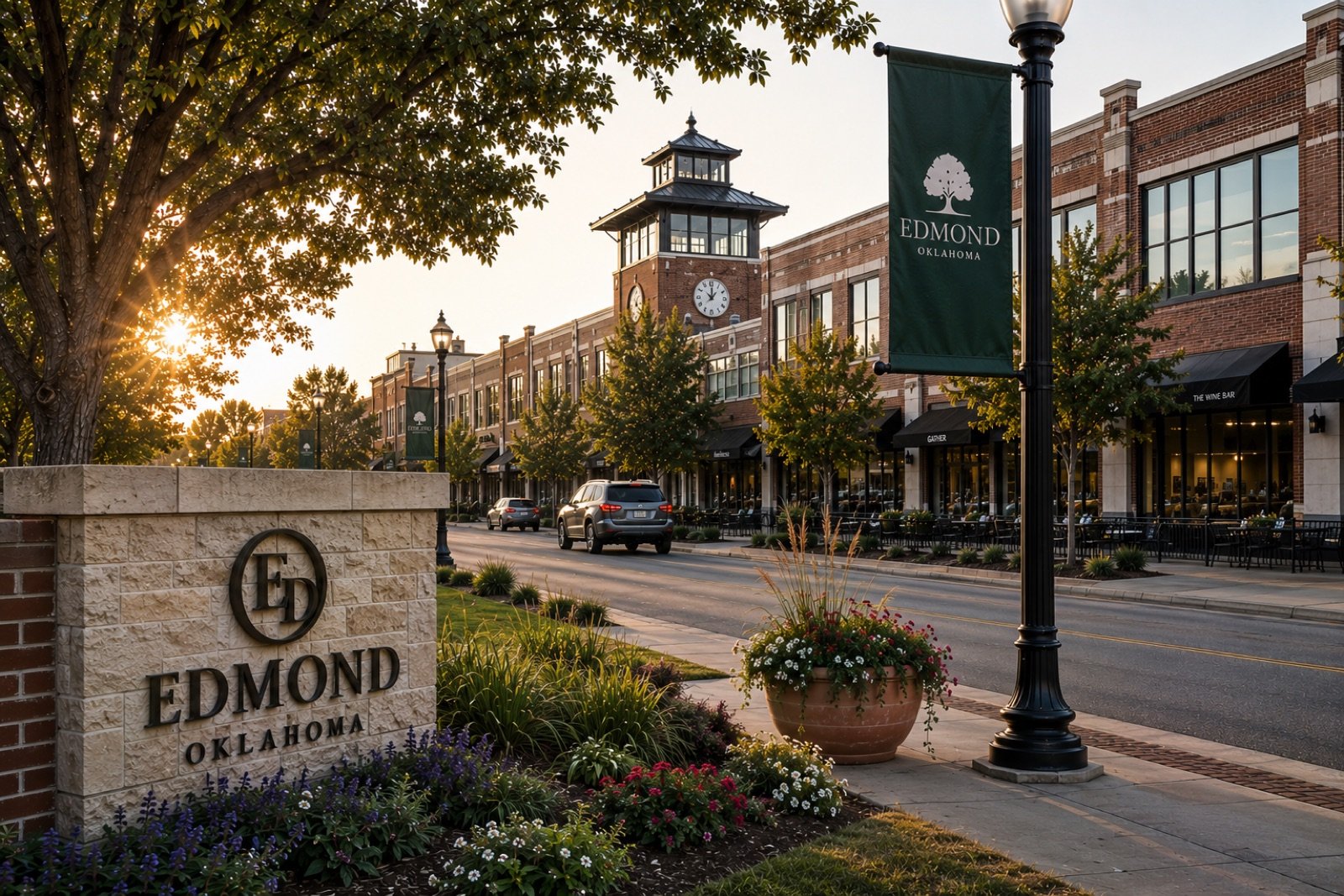 Downtown Edmond, Oklahoma at golden hour.