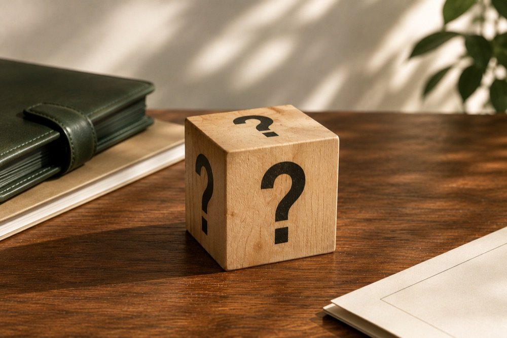 A wooden question mark block on a desk with a green journal.