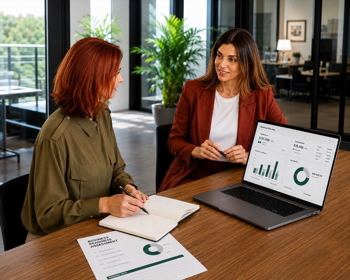 A consultant reviewing a business readiness assessment with a client.