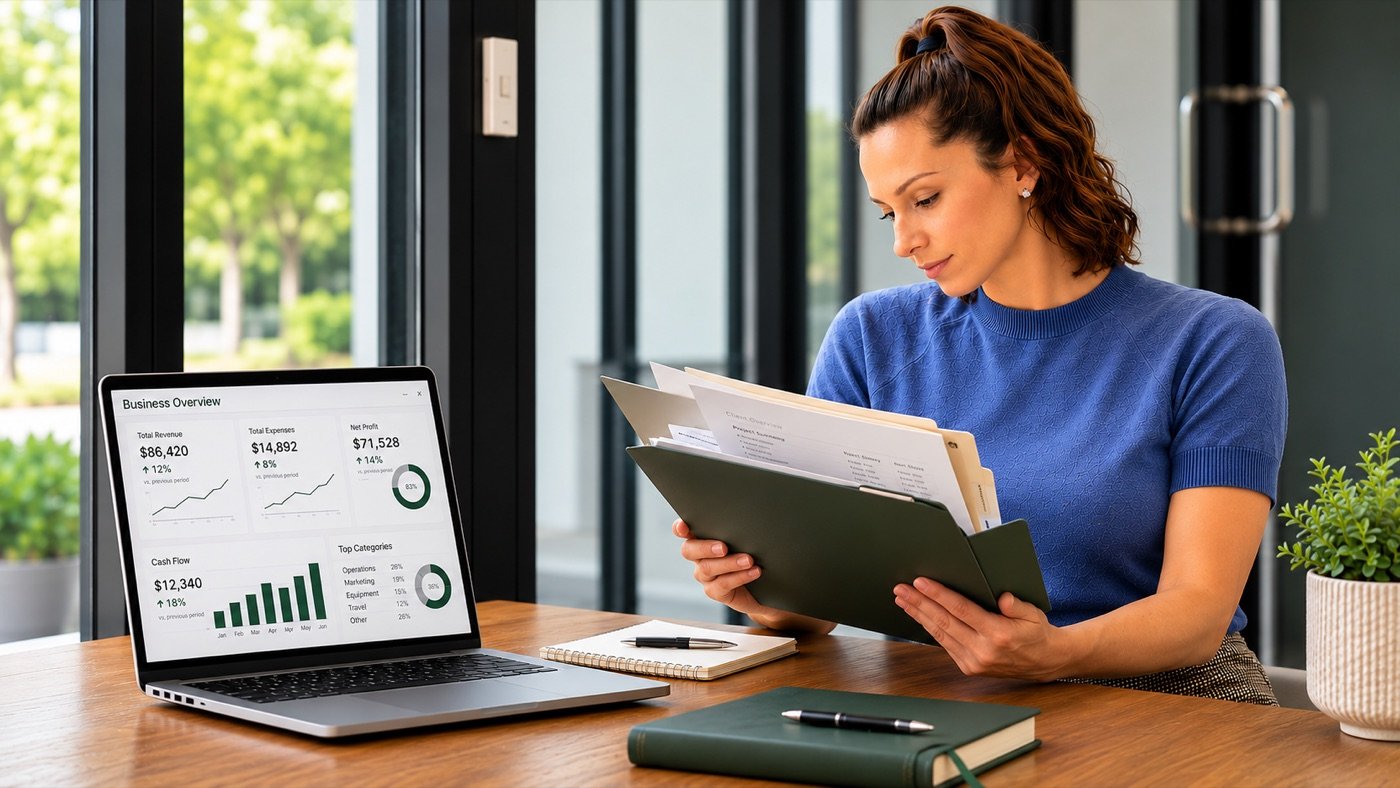 An organized Receipt This workspace: tablet dashboard, labeled folders, and reports.