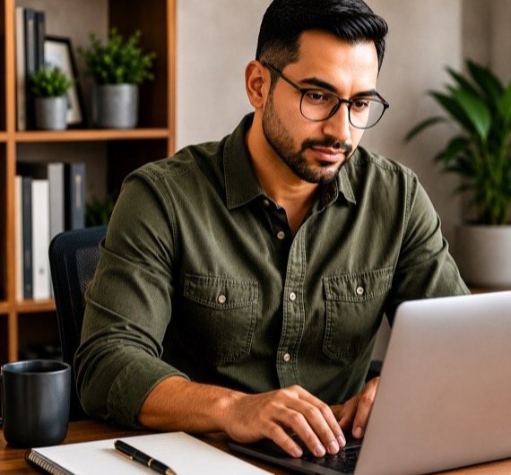 An independent professional working at a home office desk.