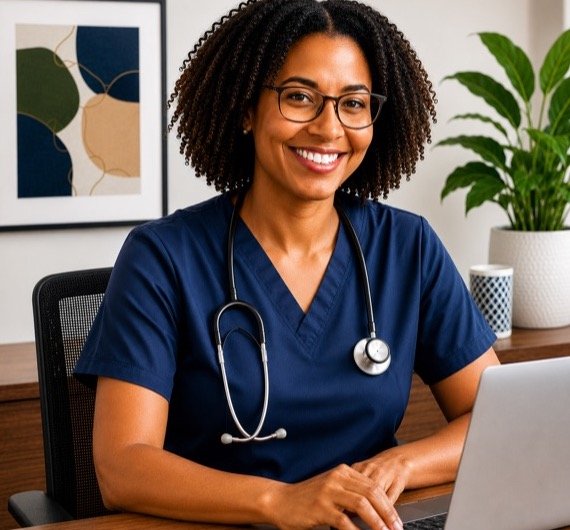 A healthcare professional at her desk with a laptop.