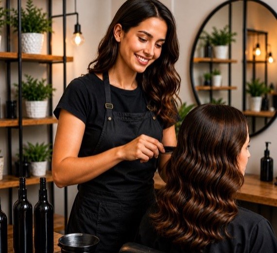 A hair stylist working with a client in a salon.