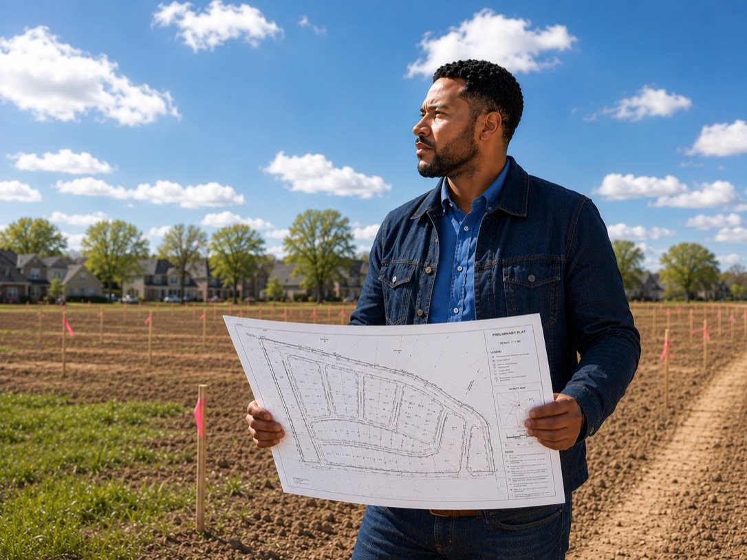 A contractor reviewing building plans at a development site.