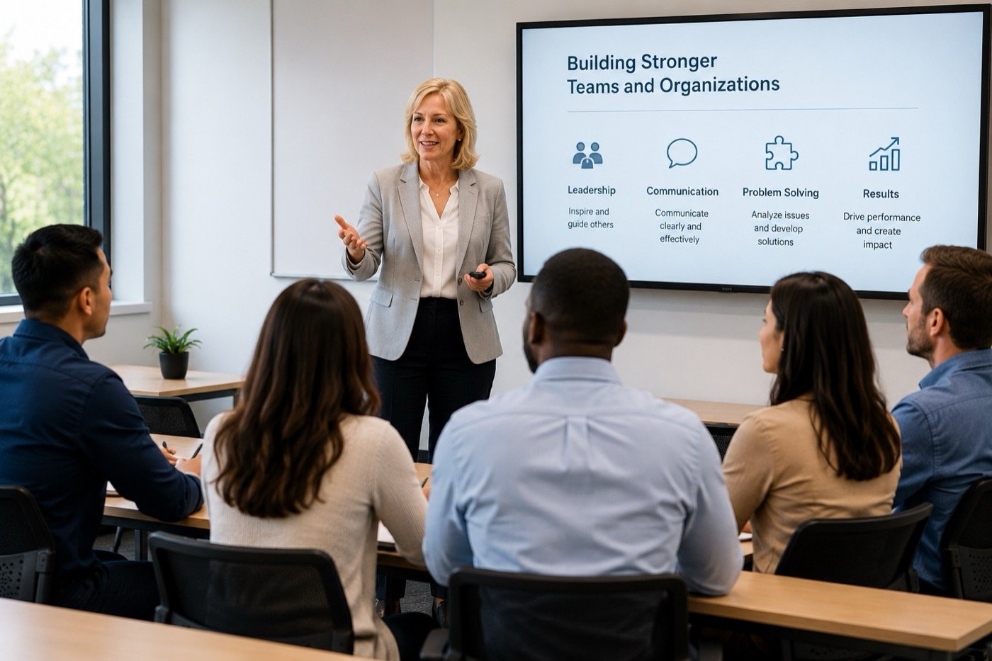 An instructor leading a workforce development workshop in a classroom setting.