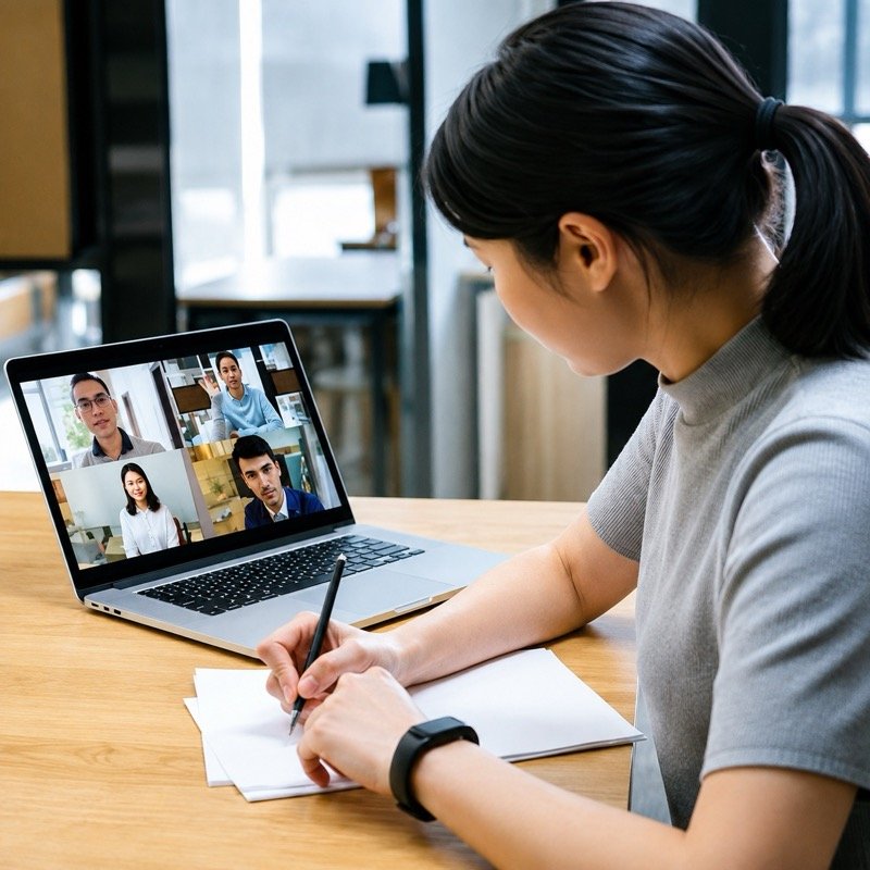 A participant taking notes during a virtual workforce development session.